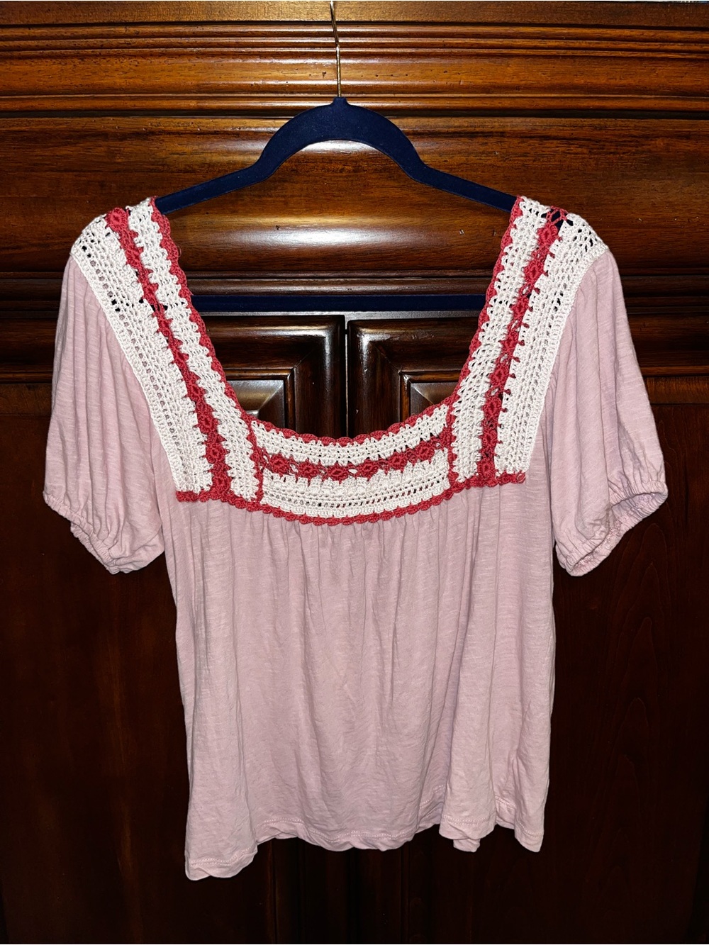Lucky Brand Pink Crochet Trim Square Neck Blouse S